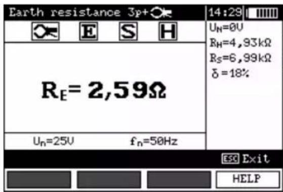 Earth resistance 3p+OK 14:29 UN=0V RH=4,93kΩ RS=6,99kΩ δ=18% RE=2,59Ω Un=25V fn=50Hz ESC Exit HELP