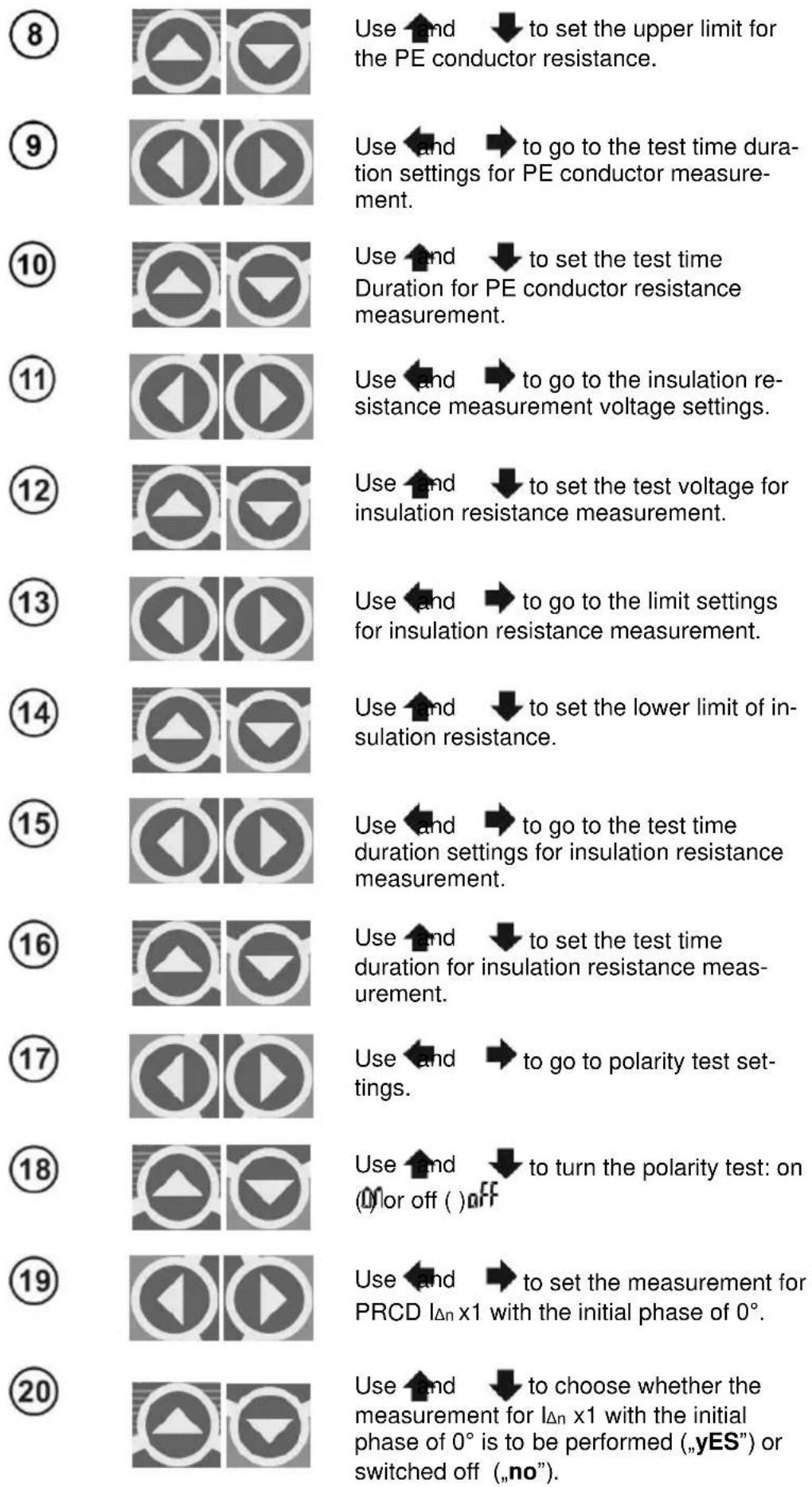 8 9 10 11 12 13 14 15 16 17 18 19 20 Use and → to set the upper limit for the PE conductor resistance. Use and → to go to the test time duration settings for PE conductor measurement. Use and → to set the test time Duration for PE conductor resistance measurement. Use and → to go to the insulation resistance measurement voltage settings. Use and → to set the test voltage for insulation resistance measurement. Use and → to go to the limit settings for insulation resistance measurement. Use and → to set the lower limit of insulation resistance. Use and → to go to the test time duration settings for insulation resistance measurement. Use and → to set the test time duration for insulation resistance measurement. Use and → to go to polarity test settings. Use and → to turn the polarity test: on (0) or off ( ) off Use and → to set the measurement for PRCD IΔn x1 with the initial phase of 0°. Use and → to choose whether the measurement for IΔn x1 with the initial phase of 0° is to be performed („YES“) or switched off („no“).