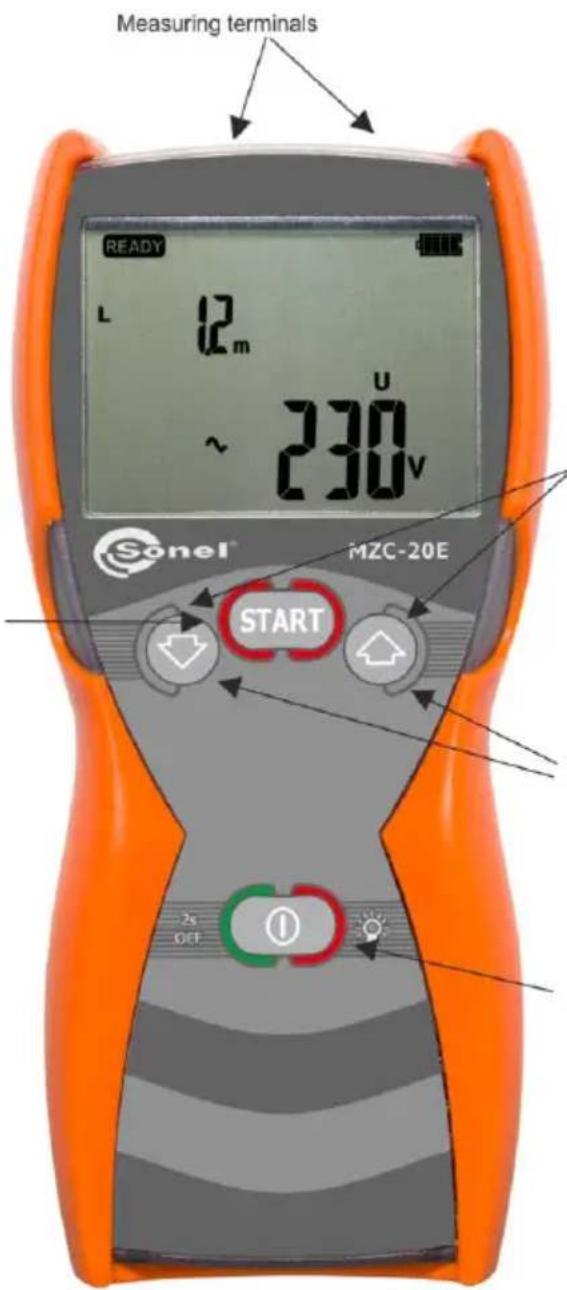 Measuring terminals READY L 12 m ~ 230 V Sonel MZC-20E START 2s OFF