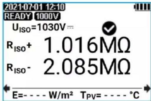 2021-07-01 12:10 READY 1000V UISO=1030V= RISO+ 1.016MΩ RISO- 2.085MΩ E=-----W/m² TPV=-----°C