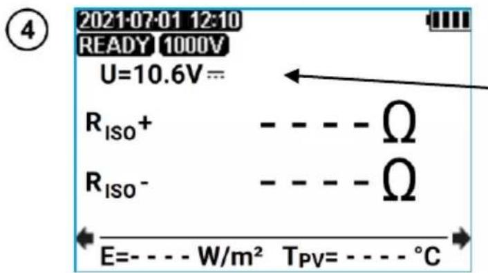 2021-07-01 12:10 READY 1000V U=10.6V= RISO+ ---Ω RISO- ---Ω E=- - - - W/m² Tpv= - - - - °C