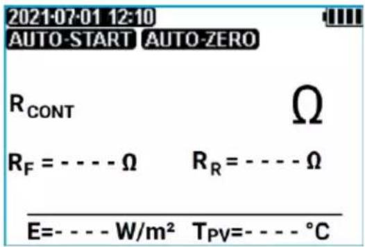 2021-07-01 12:10 AUTO-START AUTO-ZERO RCONT Ω RF = - - - - Ω R_R = - - - - Ω E= - - - - W/m² T_PV= - - - - °C