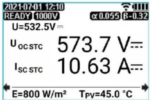 2021-07-01 12:10 READY 1000V U=532.5V=- Uocstc 573.7 V=- Iscstc 10.63 A=- E=800 W/m² Tpv=45.0 °C