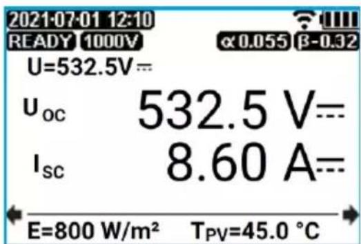 2021-07-01 12:10 READY 1000V U=532.5V= Uoc 532.5 V== Isc 8.60 A== E=800 W/m² TPv=45.0 °C