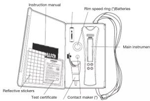 Instruction manual Rim speed ring ("Batteries") Main Instrument Reflective stickers Test certificate Contact maker (") SURA