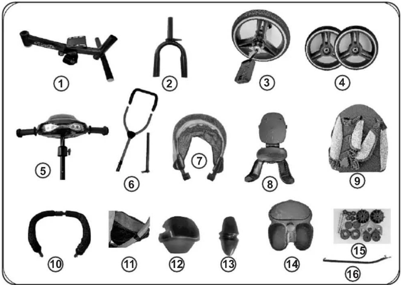 Image displaying 16 types of automotive helmet and gear components with numbered labels, likely for identification.