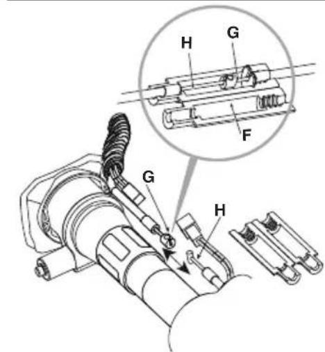 Technical diagram of a mechanical assembly with labeled components H, G, and F, showing a close-up inset view.