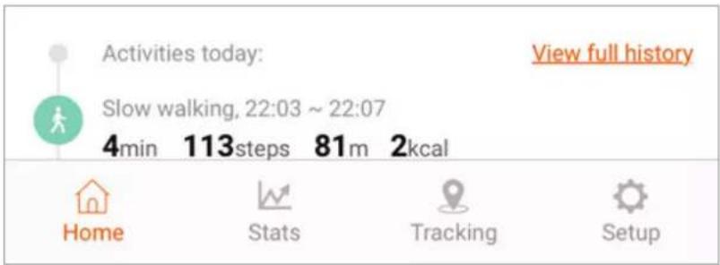 Activities today: Slow walking, 22:03 ~ 22:07 4min 113 steps 81m 2kcal View full history Home Stats Tracking Setup