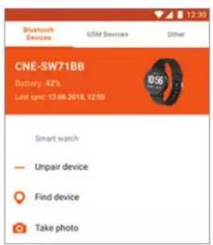 Bluetooth Devices GSM Devices Other CNE-SW71BB Battery: 42% Last time: 12.06.2018, 12:05 10:56 Smart watch — Unpair device ○ Find device ● Take photo