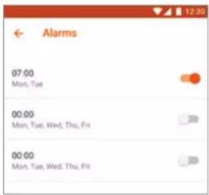 Alarms 07:00 Mon, Tue 00:00 Mon, Tue, Wed, Thu, Fri 00:00 Mon, Tue, Wed, Thu, Fri