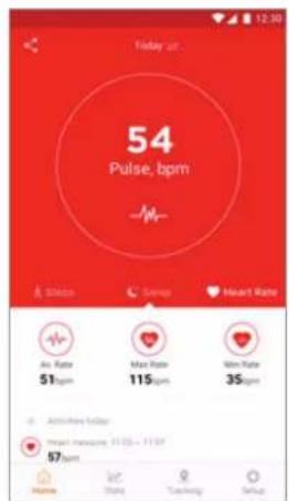 Friday up... 54 Pulse, bpm -/-/- Stroke Simp Heart Rate Air Rate 51rpm Max Rate 115rpm Min Rate 35rpm Activities follow: Smart measures 11:00 - 11:00' 57rpm Name State Tracking Setup