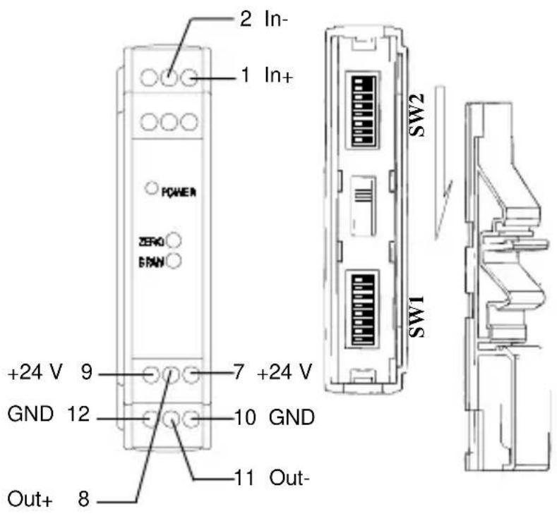 2 In- 1 In+ POWER ZERO SPAN +24 V 9 GND 12 7 +24 V 10 GND Out+ 8 11 Out- SW2 SW1