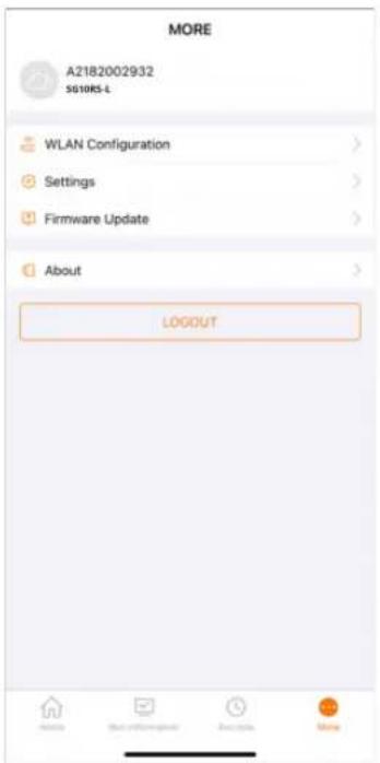 MORE A2182002932 SG10RS-L WLAN Configuration > Settings > Firmware Update > About > LOGOUT