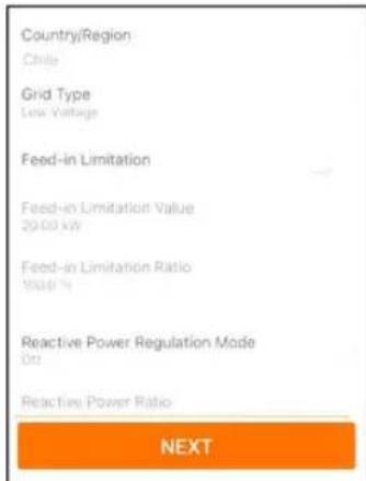 Country/Region Chile Grid Type Low Voltage Feed-in Limitation Feed-in Limitation Value 20.00 kw Feed-in Limitation Ratio 100.0 % Reactive Power Regulation Mode On Reactive Power Ratio NEXT
