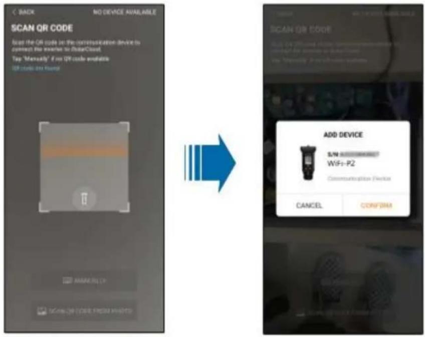 BACK NO DEVICE AVAILABLE SCAN QR CODE Start the QR code on the communication device to connect the reader to DataGrid Tap "Manual" if on QR code available QR code is found SCAN QR CODE S/N WiFi-P2 Communication Device ADD DEVICE S/N WiFi-P2 Communication Device CANCEL CONFIRM