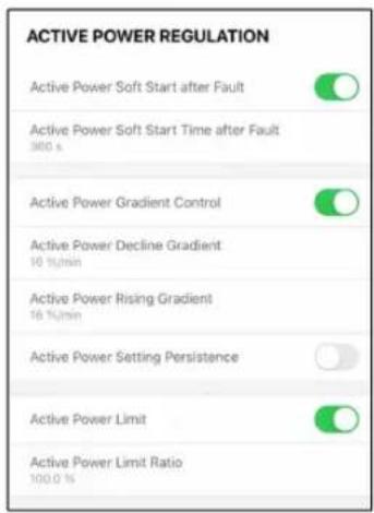 ACTIVE POWER REGULATION Active Power Soft Start after Fault Active Power Soft Start Time after Fault 300 s Active Power Gradient Control Active Power Decline Gradient 10 %/min Active Power Rising Gradient 16 %/min Active Power Setting Persistence Active Power Limit Active Power Limit Ratio 100.0 %