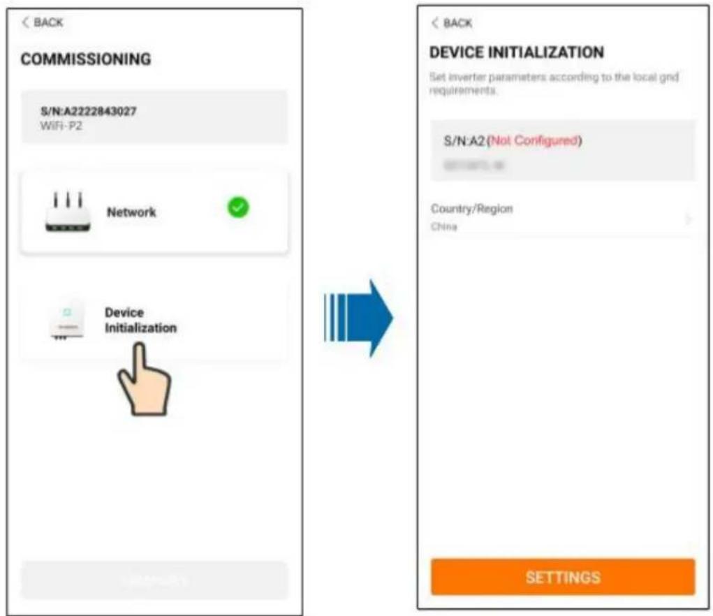< BACK COMMISSIONING S/N:A2222843027 WiFi-P2 Network Device Initialization < BACK DEVICE INITIALIZATION Set inverter parameters according to the local grid requirements. S/N:A2 (Not Configured) Country/Region China SETTINGS