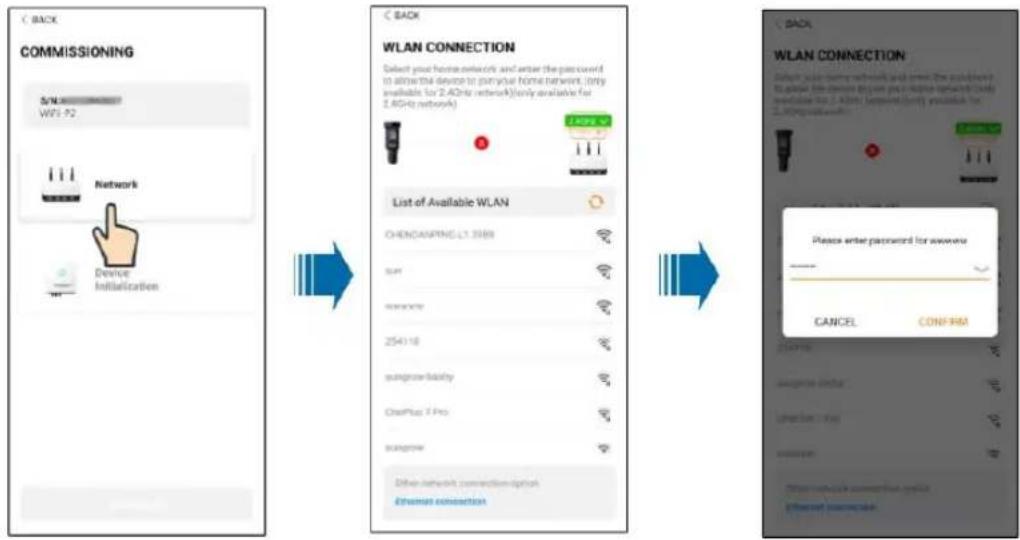 C BACK COMMISSIONING S/N W3-92 Network Device Initialization C BACK WLAN CONNECTION Select your home network and enter the password to allow the device to pay your home network (only available for 2.4GHz network)(only available for 2.4GHz network) List of Available WLAN CHENDANPING-LY 3388 sum unknown 254116 sungrowth-biasity OnePlus X Pro sungrise Other network connection option ethuman connection C Back WLAN CONNECTION Please enter password for awenew - CANCEL CONFIRM STARTS George Dieter Light Sun - Way unknown Other network connection option ethuman connection