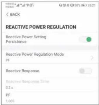REACTIVE POWER REGULATION Reactive Power Setting Persistence Reactive Power Regulation Mode PF Reactive Response Reactive Response Time 0.2 s PF 1.000