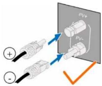 Diagram showing two connected electrical connectors with PV+ and PV- labels, plus and minus signs indicating polarity.