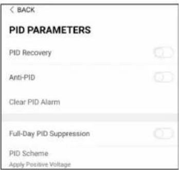 BACK PID PARAMETERS PID Recovery Anti-PID Clear PID Alarm Full-Day PID Suppression PID Scheme Apply Positive Voltage