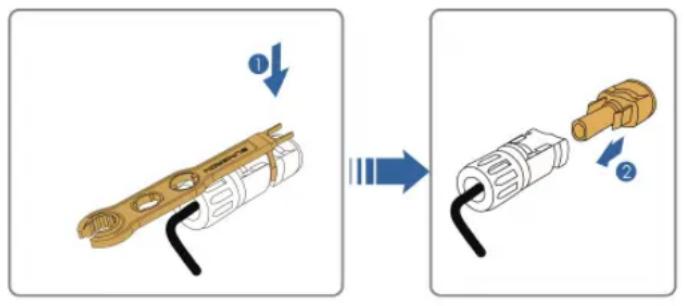 Diagram showing a mechanical component being folded into a terminal, with directional arrows indicating motion and component placement.
