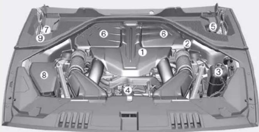 Technical diagram of a car engine bay with numbered components for identification