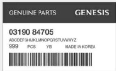 GENUINE PARTS GENESIS 03190 84705 ABCDEFGHIJKLMNOPQRSTUVWXYZ 999 PCS YB MADE IN KOREA