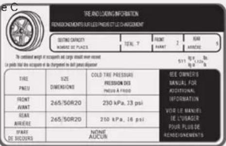 TRE AND LOADING INFORMATION RENSIGNEMENTS SURLES PNEE ET LE D'ANAGEMENT SETTING CARRY NOMBRE DE PLAZES TOTAL 7 FRONT PARANT 2 MAR MARCHIE 5 The combined weight of accidents and cargo should never exceed in parts total the accidents of the charged or less fast persons in order TIRE PNEU SIZE DIMENSIONS COLD TIRE PRESSURE PRESSION DES PRESSURE A FROOD SEE OWNERS MANUAL FOR ADDITIONAL INFORMATION VOIR LE MANUEL DE L'USAGER POUR PLUS DE RENSIGNEMENTS FRONT AVANT 265/50R20 230 kPa, 23 psi REAR ARRIERE 265/50R20 250 kPa, 16 psi SPARE DE SECOURS NONE AUCUM