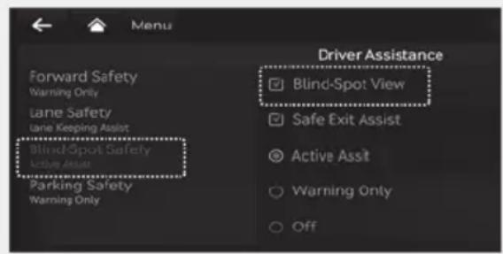 Forward Safety Warning Only Lane Safety Lane Keeping Assist Blind-Spot Safety Leisure Assist Parking Safety Warning Only Driver Assistance Blind-Spot View Safe Exit Assist Active Assist Warning Only Off