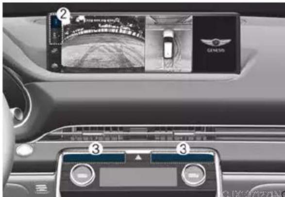 Interior view of a car dashboard with digital display showing a vehicle and its 'GENESIS' logo, alongside a control panel with Chinese text.