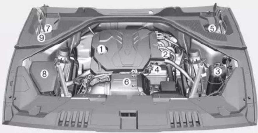 Technical diagram of a car engine bay with numbered components for identification