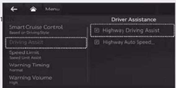 8N Smart Cruise Control Based on DrivingStyle Driving Assist Speed Limit Speed Limit Assist Warning Timing Normal Warning Volume High Driver Assistance ✓ Highway Driving Assist ✓ Highway Auto Speed...