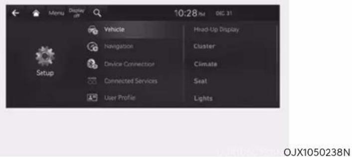 Menu Display 10:28 PM DIC 31 Vehicle Head-Up Display Navigation Cluster Device Connection Climate Connected Services Seat User Profile Lights Setup OJX1050238N