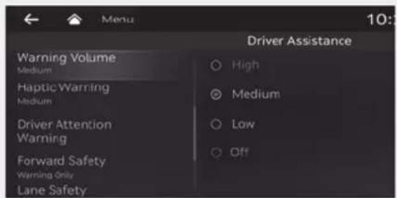 Menu Driver Assistance Warning Volume Medium Haptic Warning Medium Driver Attention Warning Forward Safety Warning Only Lane Safety High Medium Low Off