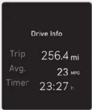 Drive Info Trip 256.4 mi Avg. 23 MPG Timer 23:27 h