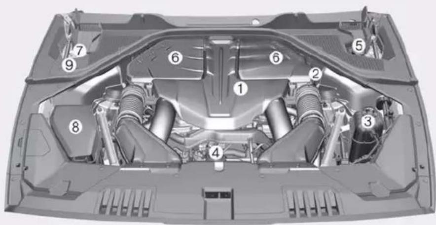 Technical diagram of a car engine bay with numbered components for identification