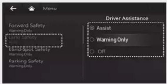 Forward Safety Warning Only Bund-Safety Bund-Spot Safety Warning Only Parking Safety Warning Only Driver Assistance Assist Warning Only Off