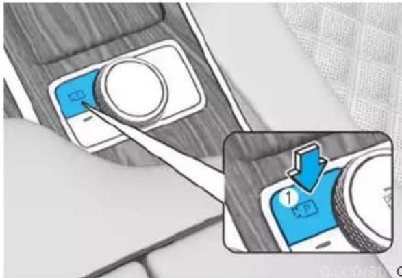 Diagram showing a car seatbelt switch with blue buttons and a magnified view of the switch labeled '1'.