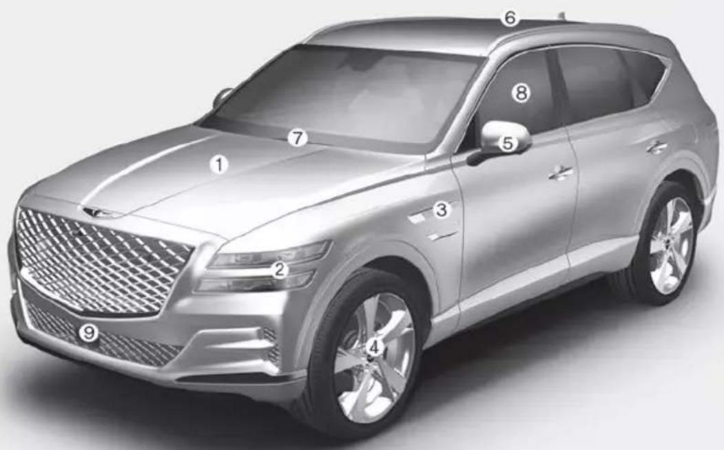Diagram of a modern SUV with numbered labels pointing to different sections of the body.