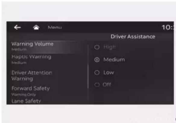 Driver Assistance Warning Volume Medium Haptic Warning Medium Driver Attention Warning Forward Safety Warning Only Lane Safety High Medium Low Off