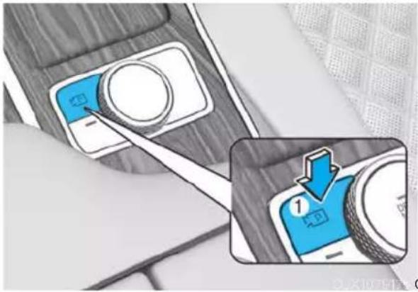 Diagram showing a car seatbelt switch with blue buttons and a magnified view of the switch labeled '1'