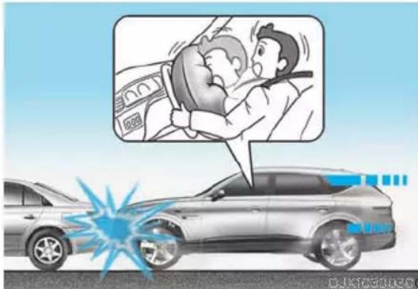 Illustration showing a car accident with a magnified inset of a person holding a helmet, accompanied by a warning sign and blue warning symbols.