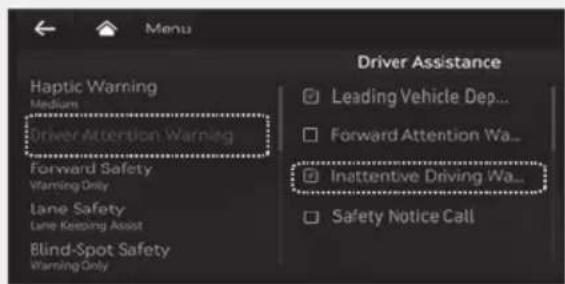 Haptic Warning Medium Driver Attention Warning Forward Safety Warning Only Lane Safety Lane Keeping Assist Blind-Spot Safety Warning Only Driver Assistance Leading Vehicle Dep... Forward Attention Wa... Inattentive Driving Wa... Safety Notice Call