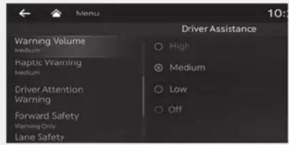 Menu Driver Assistance Warning Volume Medium Haptic Warning Medium Driver Attention Warning Forward Safety Warning Only Lane Safety High Medium Low Off