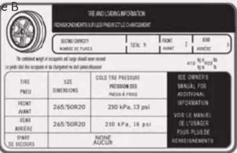 TIRE AND LOCKING INFORMATION RENSIGNEMENTS SURFLEX PENSION ET LE O'ANCOMENT SEEDING CAPACITY NOMBRE DE PLACES TOTAL % FRONT AVANT 2 EARN MANAGE 3) The combined weight of occupants and cargo shall not exceed 410 Kg / 900K B. kg / 900K B. In point total the occupants of the charged truck (no full person) disperson TIRE PNEU SIZE DIMENSIONS COLD TIRE PRESSURE PRESSION DES PNEUS A FROD SEE OWNER'S MANUAL FOR ADDITIONAL INFORMATION VOR LE MANUEL DE L'USAGER POUR PLUS DE RENEIGNEMENTS FRONT AVANT 265/50R20 230 kPa, 13 psi BEAR MAIRIERE 265/50R20 250 kPa, 16 psi SPART DE SECOURS NONE AUCUM