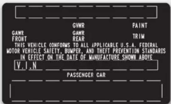 GAWR FRONT THIS VEHICLE CONFORMS TO ALL APPLICABLE U.S.A. FEDERAL MOTOR VEHICLE SAFETY, BUMPER, AND THEFT PREVENTION STANDARDS IN EFFECT ON THE DATE OF MANUFACTURE SHOWN ABOVE V.I.N PASSENGER CAR GVWR GAWR REAR FAINT TRIM