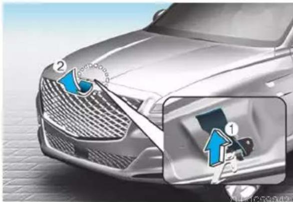 Diagram of a car's front grille and dashboard with labeled parts, showing blue arrows indicating specific features.