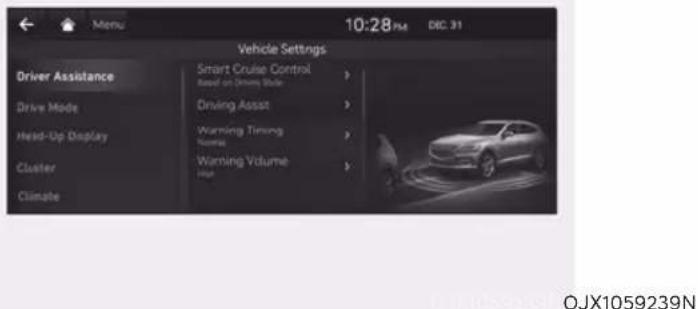 10:28 PM DEC. 31 Vehicle Settings Driver Assistance Drive Mode Head-Up Display Cluster Climate Smart Cruise Control Based on Driver Style Driving Assist Warning Timing Temperature Warning Volume High OJX1059239N