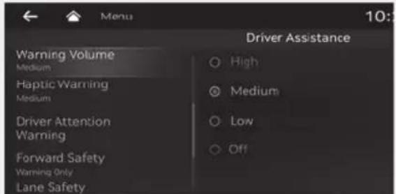 Menu Driver Assistance Warning Volume Medium Haptic Warning Medium Driver Attention Warning Forward Safety Warning Only Lane Safety High Medium Low Off